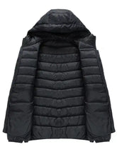 Men’s lightweight black quilted puffer jacket with hood and zip up front for casual and outdoor use
