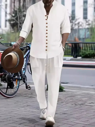 Men's Linen Blend Two-Piece Set in Black Gray or White White Mens Sets