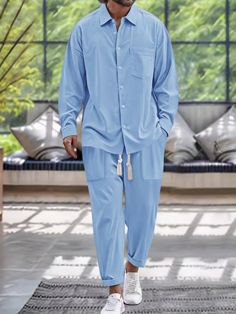 Mens Linen-Style Lounge Set Two-Piece Lightweight Shirt and Pants Light Blue