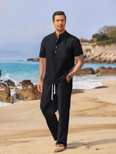 Men's Linen Two-Piece Set Shirt and Pants Basic Buttoned Drawstring Black