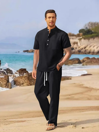 Men's Linen Two-Piece Set Shirt and Pants Basic Buttoned Drawstring Black