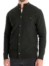 Black textured mens long sleeve cardigan with wooden buttons and moderate stretch