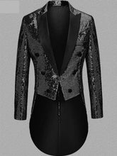 Men’s black long sleeve sequin tailcoat blazer with satin lapels and a long tail for formal occasions