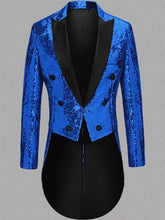 A striking royal blue long sleeve sequin tailcoat blazer with black satin lapels and contrasting black rear panel