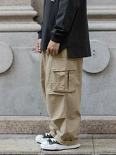 Mens loose fit cargo pants with multiple pockets in khaki