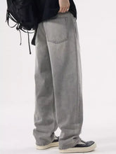 Men’s loose fit wash gray denim jeans with relaxed wide-leg fit and classic stitching for casual wear