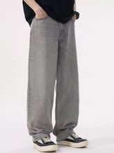 Gray wide-leg denim men’s loose fit wash jeans with a relaxed faded wash and classic five-pocket design