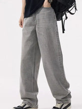 Men’s loose fit wash gray wide-leg denim jeans with relaxed slightly faded wash and classic stitching details