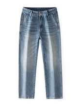 Men’s loose fit washed light-wash denim jeans with straight-leg cut and subtle fading along the thighs