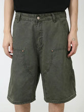 Mens mid rise denim shorts in dark green with cargo patch pockets