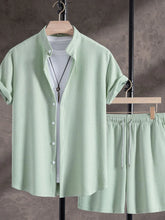 Men's Mint Green Corduroy Short Sleeve Shirt and Shorts Set Green