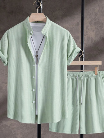 Men's Mint Green Corduroy Short Sleeve Shirt and Shorts Set Green