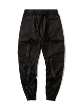 Black mens techwear cargo joggers with elastic cuffs and utility pockets