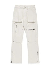 White denim cargo pants with multi-pocket zipper details