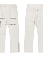 Men’s white multi-pocket cargo pants with zippers, machine wash cold