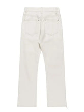 White high-waisted wide-leg mens jeans with five pockets and zipper details
