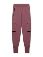 Mens cargo jogger pants in maroon with black zippered and side pockets