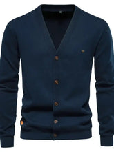 Mens navy blue V-neck cardigan with brown buttons, machine wash cold tumble dry