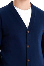 Mens navy blue V-neck cardigan over white t-shirt, machine wash tumble dry