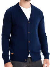 Mens Navy Blue V-Neck Cardigan with Wooden Buttons Machine Washable