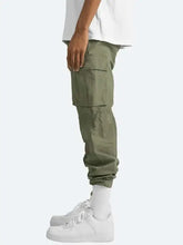 Mens olive green size drawstring cargo pants with cuffed ankles
