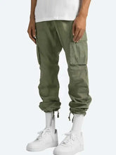 Mens olive green size drawstring cargo pants with cuffed ankles