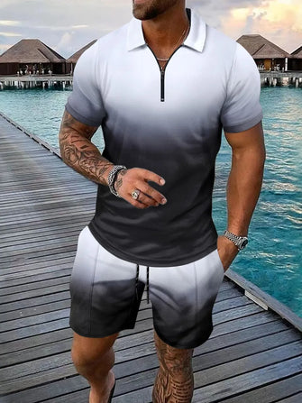 Men’s Ombre Polo Shirt and Shorts Set Black and White Gradient Black