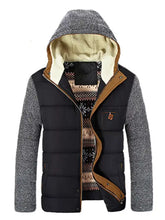 Men’s padded hooded winter coat with black quilted vest, gray herringbone sleeves, tan leather trim, and beige fleece lining