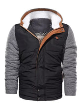 Men’s padded hooded winter coat black quilted vest with gray textured sleeves and brown-lined hood with zipper and buttons