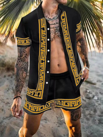 Mens Patterned Shirt and Shorts Set Blue and Black Gold Options Black