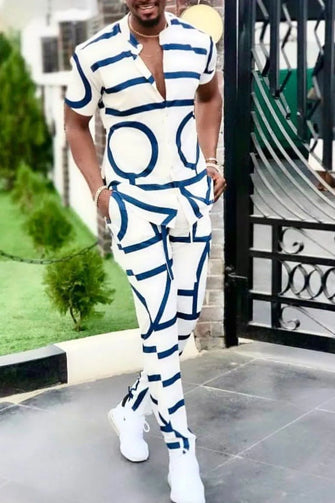 Mens Patterned White Two Piece Basic Style Outfit White