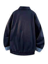 Men’s dark navy bomber jacket with plaid lined lightweight blue and white cuffs for versatile style and comfort