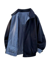 Men’s navy blue bomber jacket with contrasting blue and white plaid lined lightweight interior for casual wear