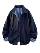 Men’s dark navy bomber jacket with contrasting blue and white plaid lined lightweight collar cuffs and hem