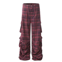 Mens plaid ruched wide leg pants in maroon and black plaid with cinched ankles