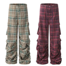 Mens plaid ruched wide leg pants in plaid cargo style with cinched ankles
