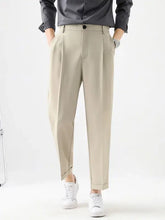 Mens Plus Size Basic Style Solid Beige Pleated Pants with White Sneakers