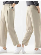 Mens plus size basic style solid pants: beige pleated trousers with cuffed ankles