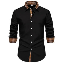 Mens plus size black dress shirt with brown plaid collar button cuffs