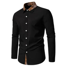 Mens plus size black dress shirt with brown plaid collar button cuffs