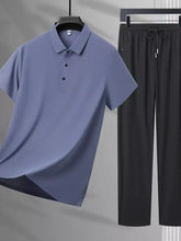 Men’s plus size soft lavender short-sleeved polo shirt with classic collar and button placket in a pants set