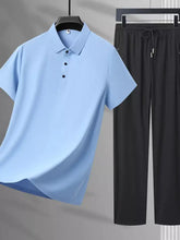 Men’s plus size light blue short-sleeved polo shirt with black buttons and classic collar in button detail set