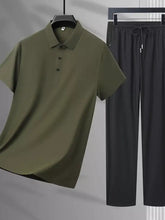 Men’s plus size olive green short-sleeved polo shirt with black buttons and classic collar for casual wear