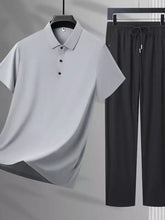 Men’s plus size light gray short-sleeved polo shirt with black buttons and classic collar in cotton blend fabric