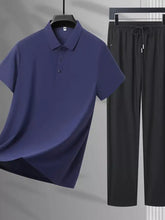 Men’s plus size navy blue short-sleeved polo shirt with classic collar and three-button placket in cotton blend