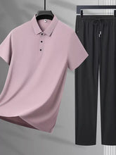 Men’s plus size soft pink short-sleeved polo shirt with classic collar and black button placket in a pants set