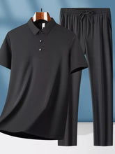 Men’s plus size black short sleeve polo shirt with button detail on wooden hanger for casual wear set