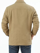Men plus size tan utility jacket with reinforced elbow patches and buttoned cuffs in button up lapel collar blazer style