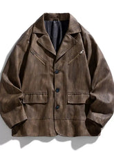 Men’s plus size long sleeve jacket brown faux leather blazer with textured distressed finish and dark blue buttons