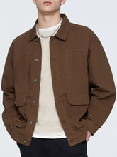 Brown plus size button long sleeve utility jacket with multiple flap pockets and silver toned buttons